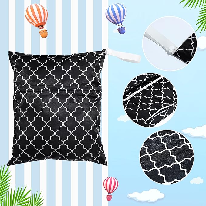 Frienda 4 Pieces Cloth Diaper Wet Dry Bag, Waterproof Reusable Washable Bag for Baby Items and Travel Zippered Pockets with Handle, Beach, Swimsuit, Dirty Gym Clothes and Toiletries(Dark Geometric)