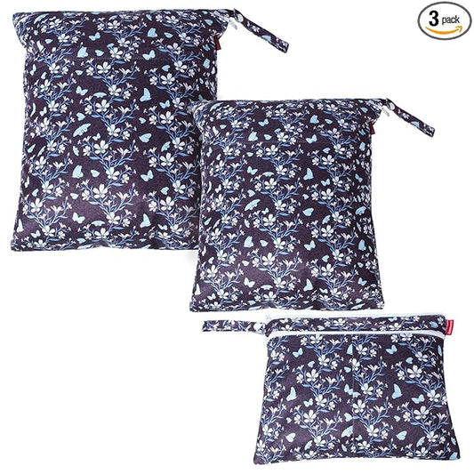 Damero 3Pcs Wet Dry Bag for Cloth Diaper, Swimsuit, Clothes, Ideal for Travel, Exercise, Daycare, Roomy and Water-Resistant(Butterflies and Flowers)