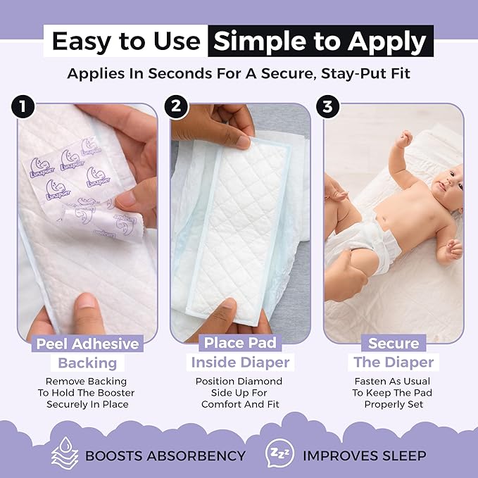 Diaper Booster Pads Overnight – Adhesive Diaper Inserts for Boys & Girls – Overnight Liners for Sizes 4–6 – Stops Leaks, Reduces Rash – Booster Pads Baby (3 Packs)