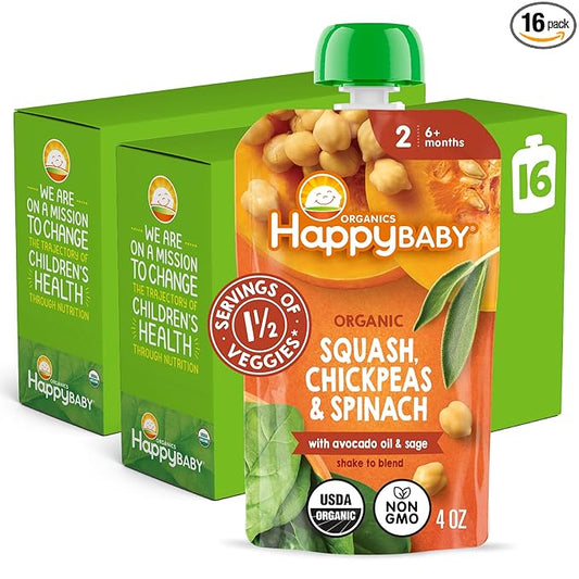 Happy Baby Organics Savory Blends Stage 2 Baby Food, Squash Chickpeas & Spinach with Avocado Oil + Sage, 4 Ounce Pouch (Pack of 16)