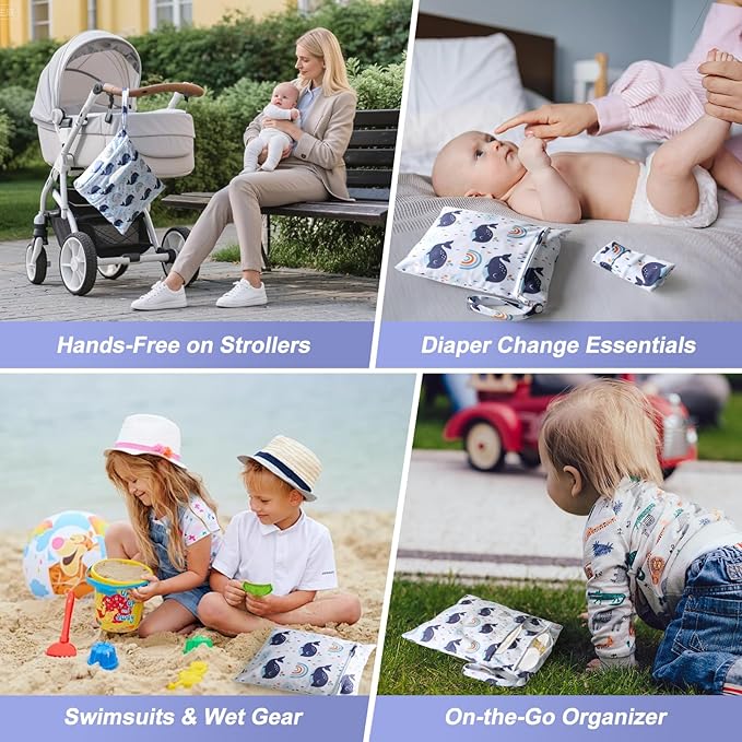 3 PCS Waterproof Wetbag, Wet Bags for Baby Cloth Diapers and Soiled Clothes, Reusable Wet Bag for Swimsuit and Towels with Double Zipper Pockets, Travel Beach Pool Essentials