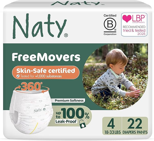 Naty FreeMovers Pull Up Training Pants for Sensitive Skin | Hypoallergenic Potty Training Underwear | Absorbent & Leak-Proof for Toddler | Soft, Unscented| Size 4, 2T–3T (18–33 lbs), 22 Count