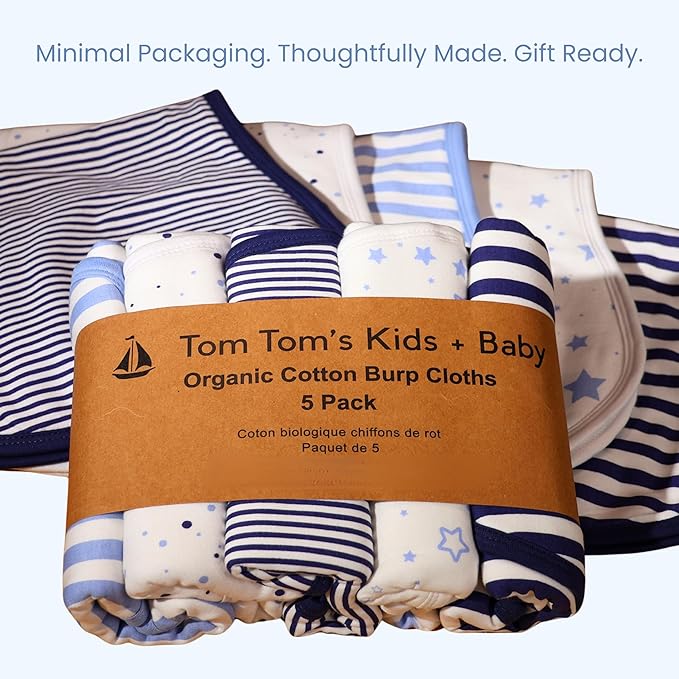 Tom Tom's Kids + Baby Organic Baby Burp Cloths 5 Pack - GOTS Certified Organic Cotton, Contoured Figure-8 Design, Extra Absorbent, 22x11 in, Newborn Burp Rags for Baby Boys, Navy and French Blue
