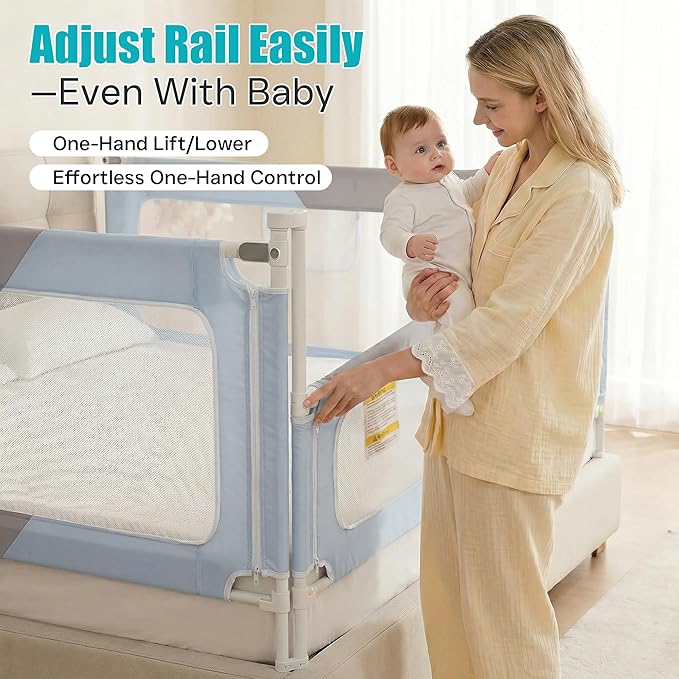 Full Size Baby Bed Rail Guard – Extra Tall Safety Bedside Rail with Headboard Rod for Toddlers, Adjustable No-Gap Design, 3 Panels (2×74.8″ + 1×55.1″), Gray & Light Blue
