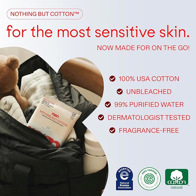 Raan, 100% Cotton TRAVEL PACK Baby & Toddler Wipes, Unbleached, 99% Purified Water, Unscented, EWG verified, Made for Sensitive Skin, Extra Soft and Durable, 12 PACK, 120 Count