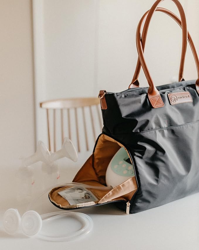 Sarah Wells Abby Breast Pump Tote with Real Leather Straps – Stylish Pumping Bag with Insulated Pockets, Laptop Storage & Easy-Clean Interior – Professional Breast Pump Bag for Work & Travel (Black)