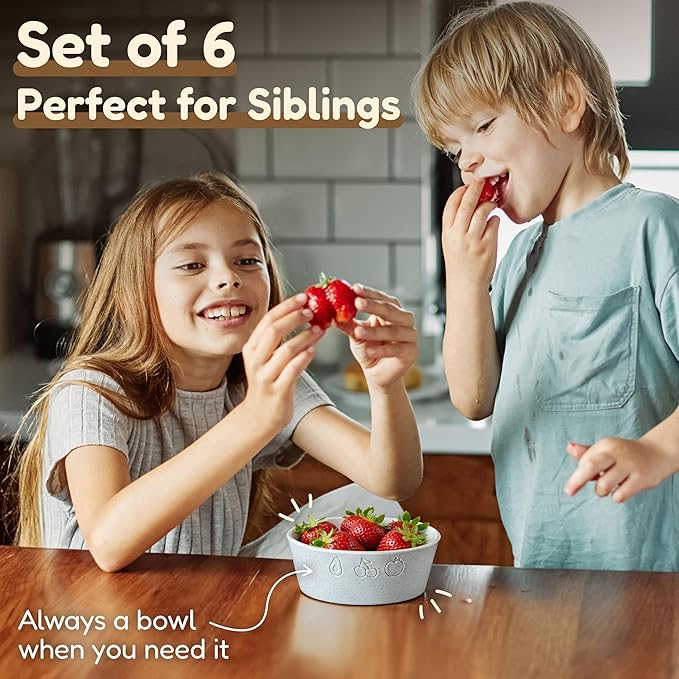 FOODLE 6pcs Wheat Straw Kids Bowls - 12oz Microwave & Dishwasher Safe Toddler Bowls - BPA Free & Non Toxic Dishes for Baby - Unbreakable and Durable Childrens Snack and Cereal Bowl