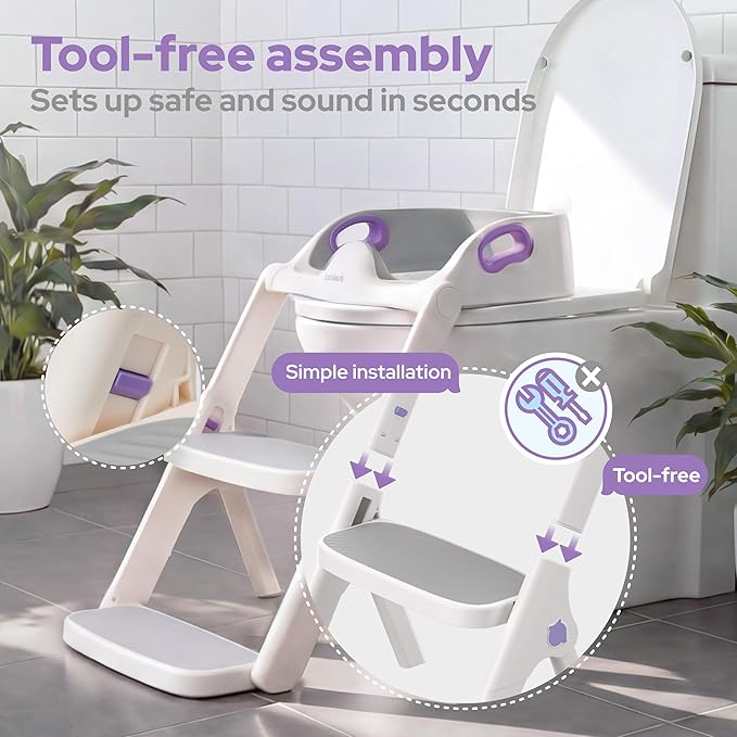 lalalark Potty Training Seat, 2-in-1 Toddler Toilet Seat with Steps, Upgrade Potty Step Stool for Toddler with Anti-slip Pad Step Stool, Extended Splash Guard, Foldable Potty Ladder Boys Girls, Purple