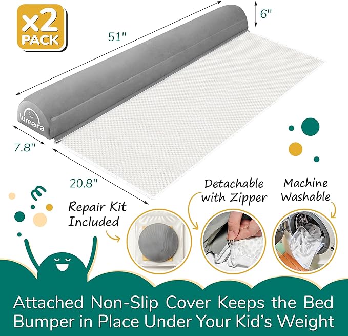 LUMARA Inflatable Bed Rail for Toddlers 2 Pack - Portable Travel Bed Bumpers for Kids Fits Twin Full Queen King Size Beds - Non-Slip Safety Guard Rails