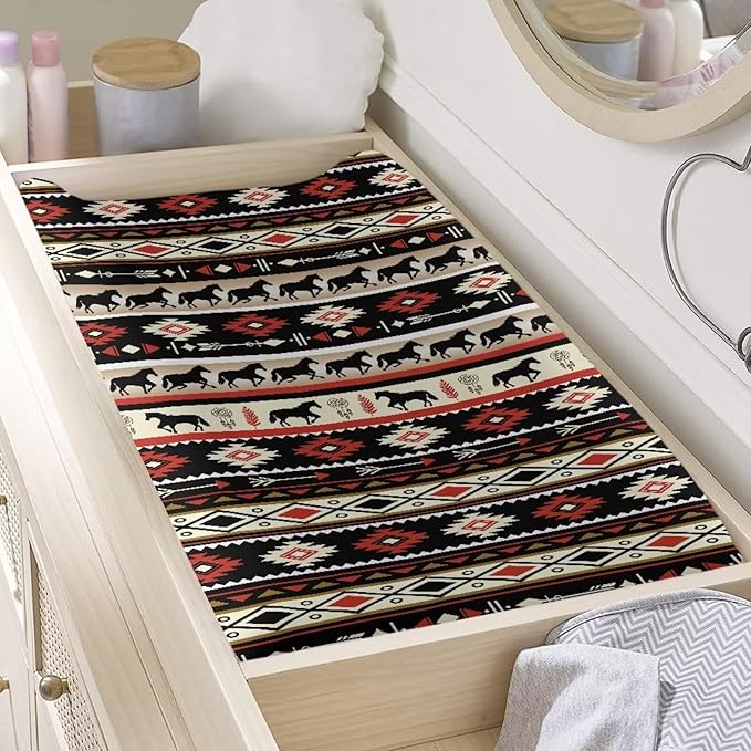 Aztec Horse Changing Pad Cover Washable Western Style Diaper Change Table Covers, Soft Stretchy Safe Snug Fitted Changing Mat Sheet Fit 32"/34" x 16"