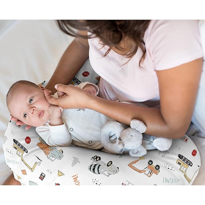 Sweet Jojo Designs Construction Truck Nursing Pillow Cover Breastfeeding Pillowcase for Newborn Infant Bottle or Breast Feeding (Pillow NOT Included) - Grey Yellow Orange Red and Blue Transportation