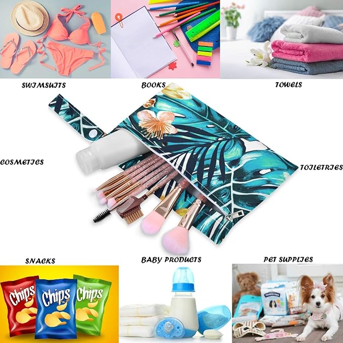 visesunny Blue Palm Leaf Flower Floral 2Pcs Wet Bag with Zippered Pockets Washable Reusable Roomy for Travel,Beach,Pool,Daycare,Stroller,Diapers,Dirty Gym Clothes, Wet Swimsuits, Toiletries