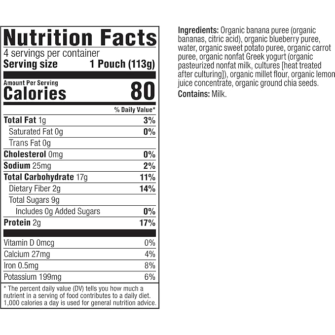Plum Organics +12 Months Organic Baby Food - Banana, Blueberry, Sweet Potato, Carrot, Yogurt & Millet - Non-GMO - On-The-Go Pouches for Baby & Toddler - Quality Tested Ingredients - 4 oz (Pack Of 12)