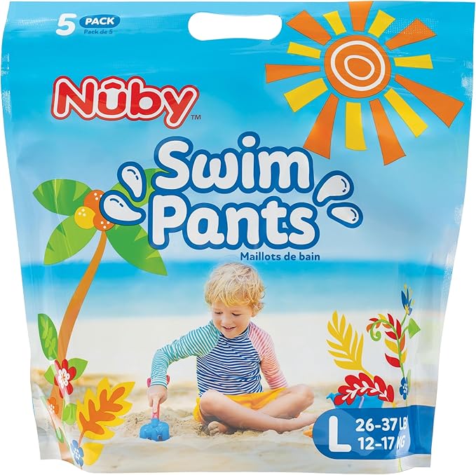 Nuby Swim Pants for Toddlers - 5 Pack - Toddler Swim Diapers with Stretchy Waistline, Tear-Away Sides, Water-Resistant Outer Layer & Leak-Preventing Cuffs - Size Large (26-37 lbs)