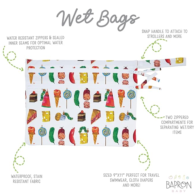 BapronBaby Eric Carle Food Parade Wet Dry Bag - Waterproof Two Zipper Pockets - Reusable for Mealtime, Diapers, Stroller, Snacks, Swimsuits - Machine Washable - 11" x 9"