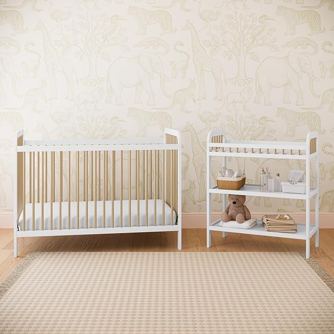 Storkcraft Pasadena Changing Table with Water-Resistant Changing Pad (White with Driftwood) - GREENGUARD Gold Certified, Includes Bonus Water-Resistant Changing Pad with Safety Strap, 2 Open Shelves
