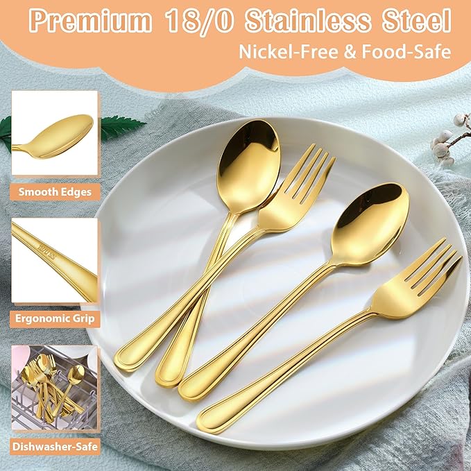 E-far 12-Piece Toddler Silverware, Stainless Steel Kids Utensils Forks and Spoons, Children Safe Mirror Polished Metal Cutlery Set for Self Feeding, 6 Forks & 6 Spoons(Gold)