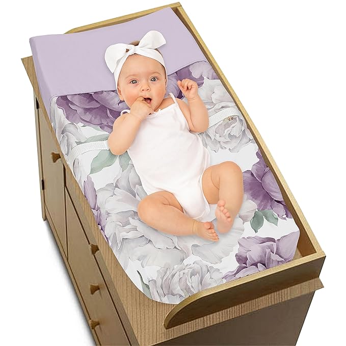 Sweet Jojo Designs Lavender Purple Boho Shabby Chic Floral Girl Baby Changing Pad Cover Infant Newborn Diaper Table Change Mat Sheet Lilac Violet Ivory Bohemian Vintage Garden Watercolor Flower Nature
