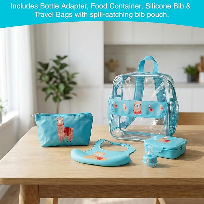 Refresh-A-Baby Feeding Essentials Kit for Feeding on the go, Feeding Travel Set with Universal Bottle Top Adaptor, Resealable Container, Silicone Bib, Clear Travel Bag & More (Llama Love)