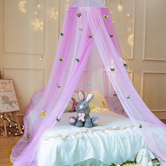 Princess Pink Purple Bed Canopy with Butterflies for Girls Bed Net,Princess Canopy for Kids Bed Room Decor (Pink Purple+Butterflies)