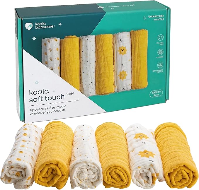 Koala Babycare 6 Pack 12"x12" Muslin Burp Cloths for Baby Boys and Girls - GOTS & Oeko-TEX Cotton Burp Rags for Newborns - Absorbent Neutral Burping Cloths for Feeding - Washable Baby Bibs Essentials