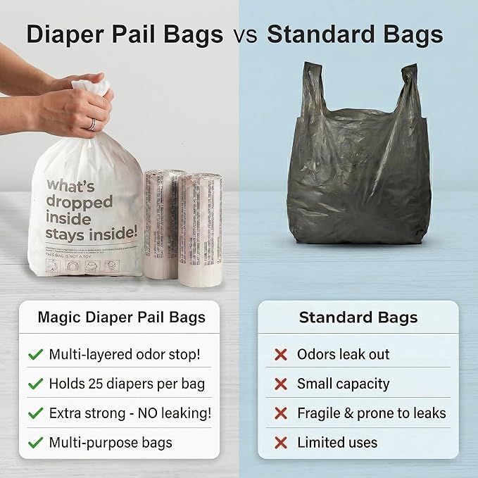 L.A. Baby Magic Diaper Bags - Diaper Pail Refill Bags 45 Count - Multi-Layer 100% Odor-Free Disposable Diaper Bag - Holds 1125 Diapers - Extra Strong No Leak