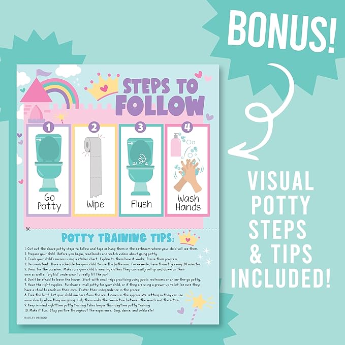 Hadley Designs Potty Training Chart for Toddlers Girls -10 Sticker Potty Chart for Toddlers Girls, 8.5x11" Potty Training Sticker Charts for Toilet Success, Princess Toddler Reward Chart for Kids