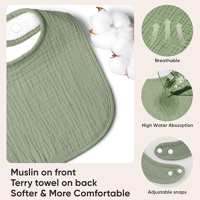 Bearmoss Baby Bibs for Drooling and teething 100% Cotton Muslin Bibs for Baby Boy & Girl,Adjustable, Ultra Absorbent,8 Pack