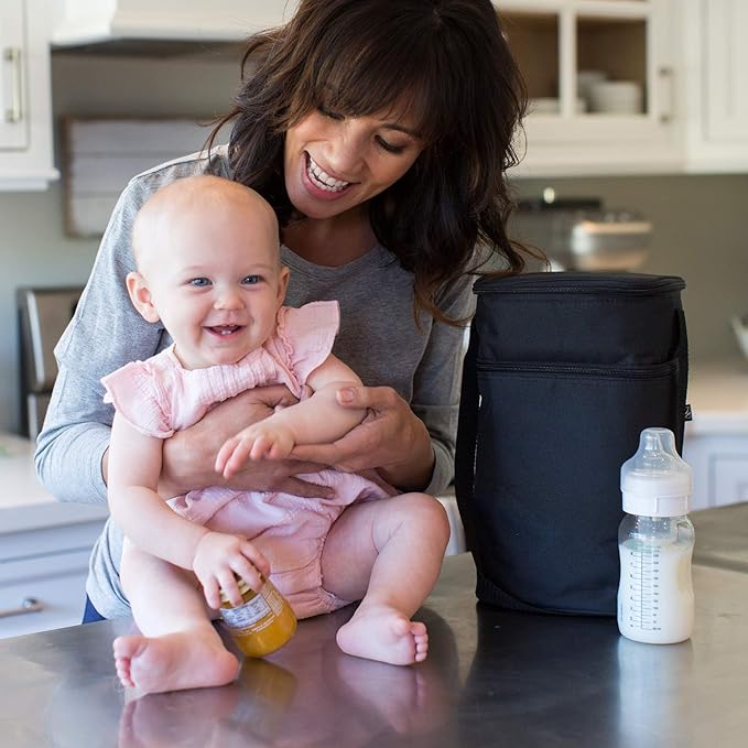 J.L. Childress Six Bottle Breast Milk Cooler Travel Bag - Insulated Baby Bottle Storage Bag, Portable Organizer Pack for Breast Milk, Use for Daycare or On The Go - Black Stripe