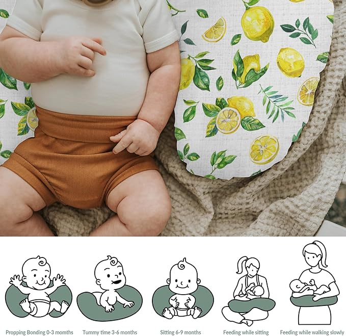 Watercolor Lemons Baby Nursing Pillow Covers for Boy Girl Retro Yellow Lemon Green Leaves Nursery Slipcovers for Breastfeeding Pillows Tropical Summer Fruits Soft Stretchy Covers for Newborn Infant