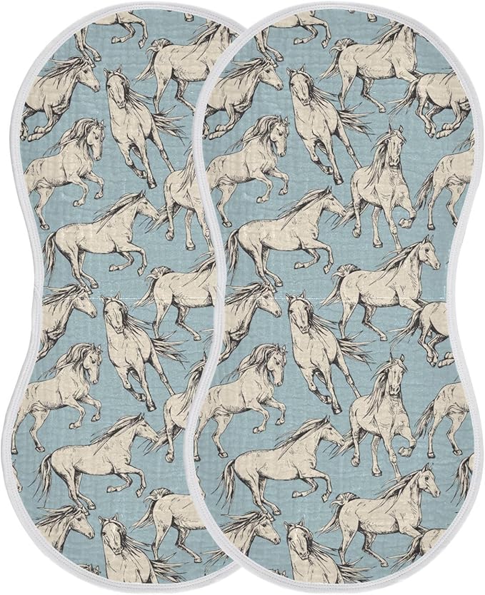 Muslin Burp Cloths for Baby Boys and Girls - 2-Pack Ultra Absorbent Beige Horses Muslin Washcloths, Newborn Towel, Milk Spit Up Rags, Burp Cloth Bib for Unisex, 22 x 11 Inch