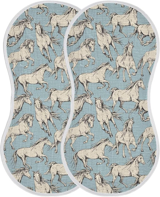 Muslin Burp Cloths for Baby Boys and Girls - 2-Pack Ultra Absorbent Beige Horses Muslin Washcloths, Newborn Towel, Milk Spit Up Rags, Burp Cloth Bib for Unisex, 22 x 11 Inch