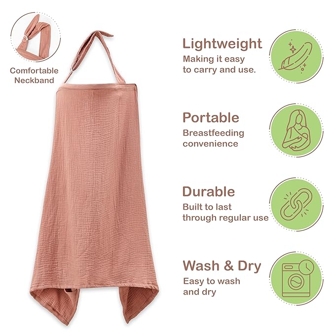 100% Organic Cotton Nursing Cover & Shawl - 43 x 28 Inch Breathable Muslin Breastfeeding Nursing Apron Cover with Arch Neckline for Mothers, Multi-use Carseat Canopy (Rust)
