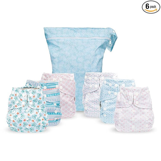 Simple Being Reusable Cloth Diapers, Double Gusset, One Size Adjustable, Washable Soft Absorbent, Waterproof Cover, Eco-Friendly Unisex Baby Girl Boy, six 4-Layers Microfiber Inserts (Stripes)