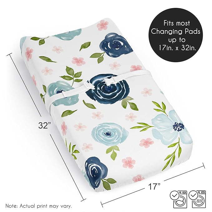 Sweet Jojo Designs Baby Changing Pad Cover Sheet (Navy Blue Boho Floral) for Girls, Infant/Newborn Diaper Change Table Mat Covers (Bohemian, Shabby Chic, Watercolor, Flower, Farmhouse, Sage Green)