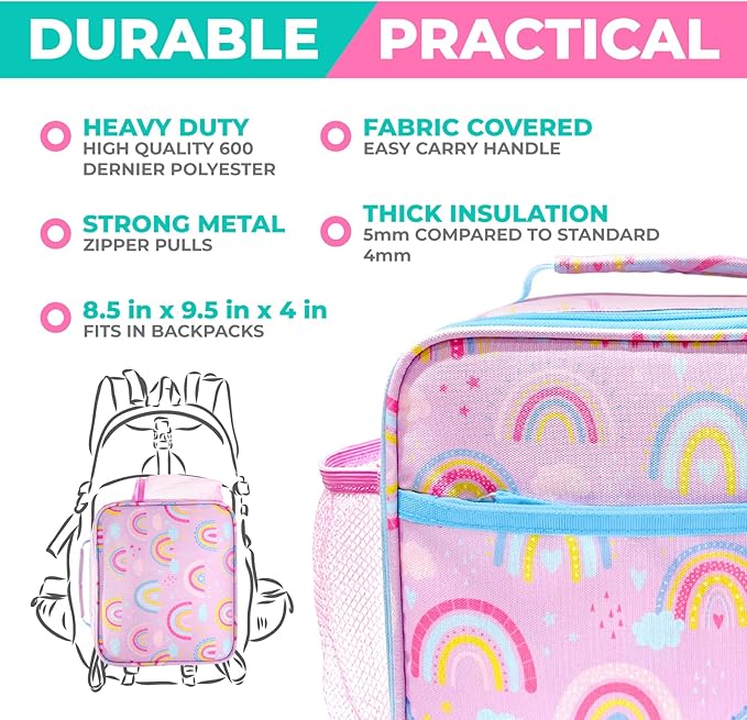 Bento Lunch Box with Thermo for Kids Set, Insulated Lunch Bag with Ice Pack, Stainless Steel Food Jar for Hot Soup, Boxes with 4 Compartments for Girls Toddler Snacks Lunches, Purple Rainbow
