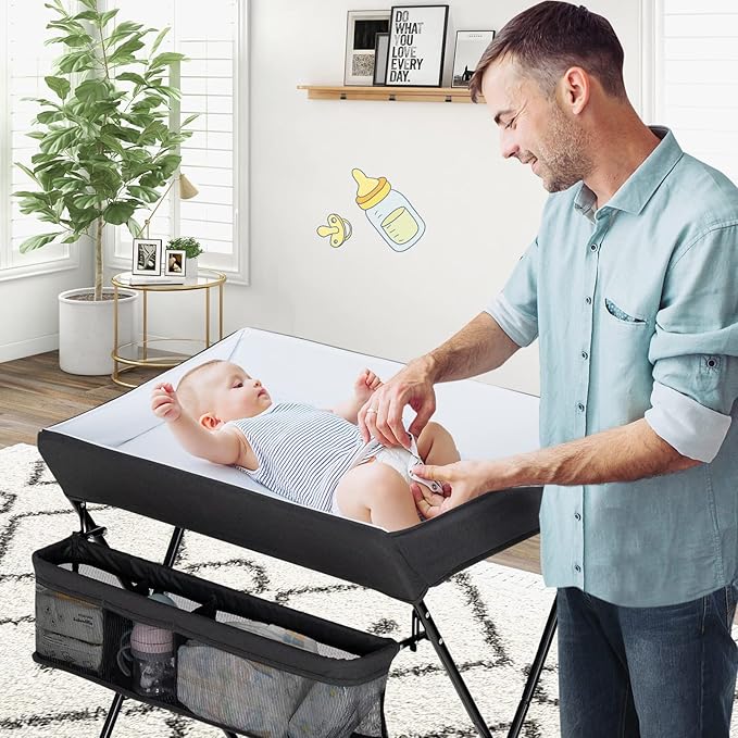 HONEY JOY Changing Table, Folding Nursery Organizer with Open Shelf & Safety Belt, Portable Diaper Changing Station for Newborn (Black, Basic)