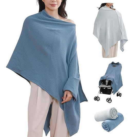 TADO MUSLIN 2-Pack Muslin Nursing Cover for Baby Breastfeeding, 100% Organic Cotton Breastfeeding Cover for Mom, Soft Breathable Privacy Nursing Apron, Multi-use Stroller Cover & Car Seat Canopy Blue