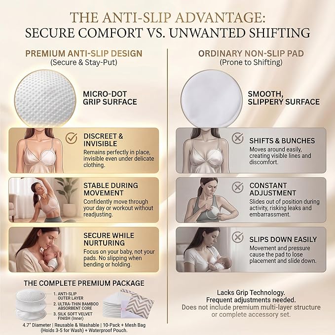 Reusable Nursing Pads with Washing Bags - 10-Pack Viscose from Bamboo Breastfeeding Pads, Washable Organic Maternity Nipple Pads (L 4.72") (3 Layer Anti-Slip, Anti-Slip Particles)