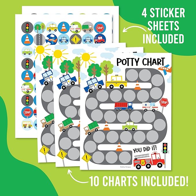 Hadley Designs Potty Training Chart for Toddlers Boys -10 Sticker Potty Chart for Toddlers Boys, 8.5x11" Potty Training Sticker Charts for Toilet Success, Cars Toddler Reward Chart for Kids