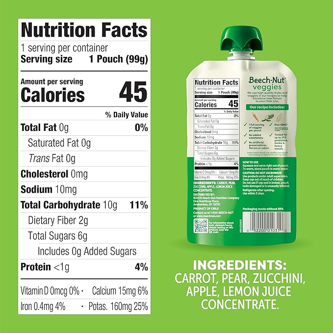 Beech-Nut Baby Food Pouches, Carrot Zucchini & Pear Veggie Puree Baby & Toddler Food, 3.5 oz (12 Pack)