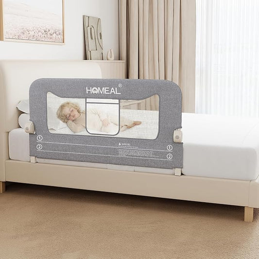 HOMEAL Bed Rail for Toddlers, 32" Swing Down Bed Guard with Double Reinforced Stability, Foldable Metal Safety Rail for King, Queen, Full & Twin Beds, Grey