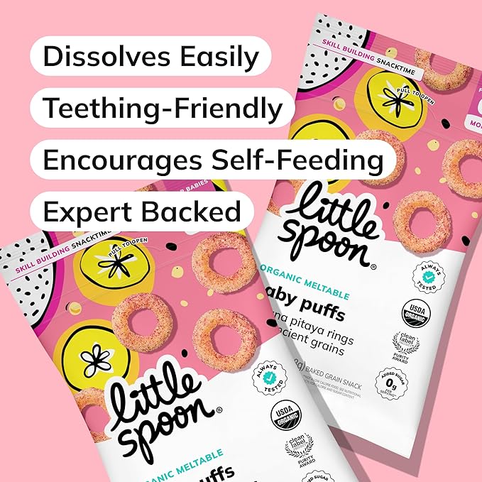 Little Spoon Banana Pitaya Meltable Baby Puffs, Organic Corn Quinoa Sorghum, No Rice, No Added Sugar Snacks, Encourages Self-Feeding, 1 Oz Bag, 4 Pack