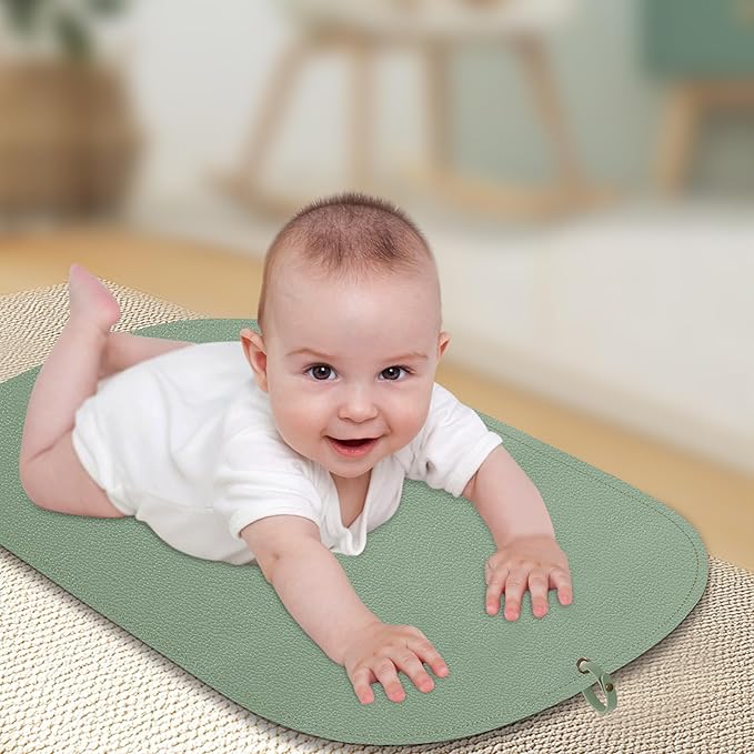 Portable Baby Diaper Changing Mat,Soft Faux Leather, Wipeable & Easy to Clean,for Home or Travel, Waterproof, with Storage Strap,Easily Put into Diaper Bag,30 x 17 in (Beige & Sage Green)