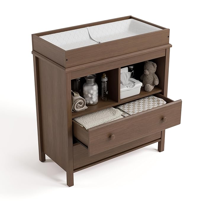 Storkcraft Alpine Nursery Changing Table Dresser Combo (Hazelnut) – GREENGUARD Gold Certified, Dresser for Nursery, Changing Table with Drawers, Removable Changing Table Topper