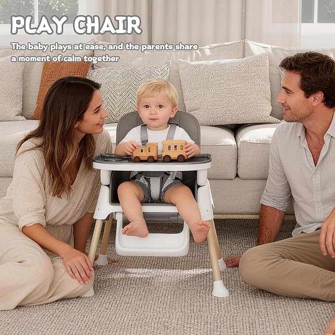 4 in 1 Baby High Chair for Babies and Toddlers, Foldable & Portable Convertible Booster Seat, Adjustable Tray & Footrest, Lightweight, Stable, Easy to Clean, Grey