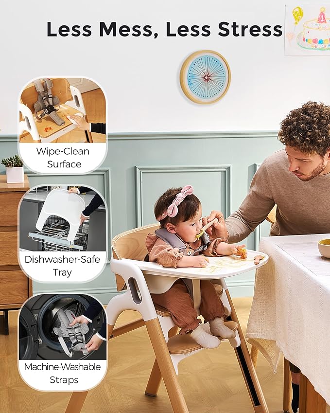 Momcozy DinerPal Wooden High Chair for Babies, Toddlers & Adults Up to 308 Lbs, Convertible Baby Highchair with Food-Grade Tray, Dishwasher-Safe, Adjustable & Ergonomic, Natural Wood