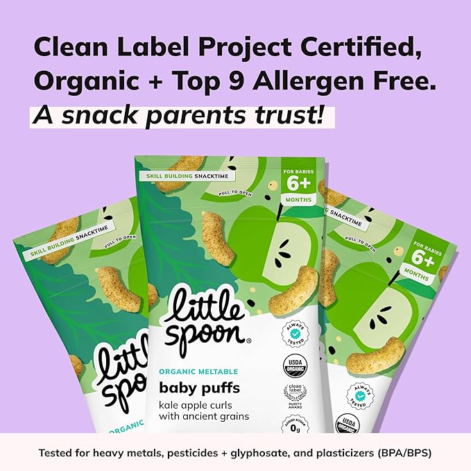 Little Spoon Kale Apple Meltable Baby Puffs, Organic Corn Quinoa Sorghum, No Rice, No Added Sugar Snacks, Encourages Self-Feeding, 1 Oz Bag, 4 Pack