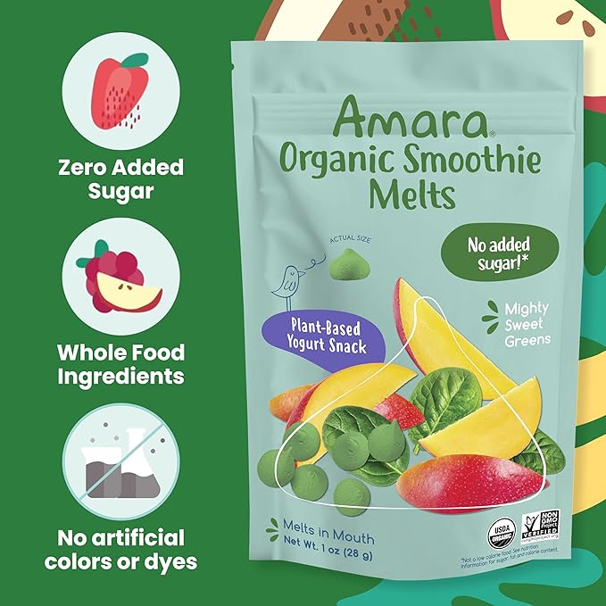 Amara Smoothie Melts - Mighty Sweet Greens - Baby Snacks Made With Fruits and Vegetables - Healthy Toddler Snacks For Your Kids Lunch Box - Organic Plant Based Yogurt Melts - 6 Resealable Bags