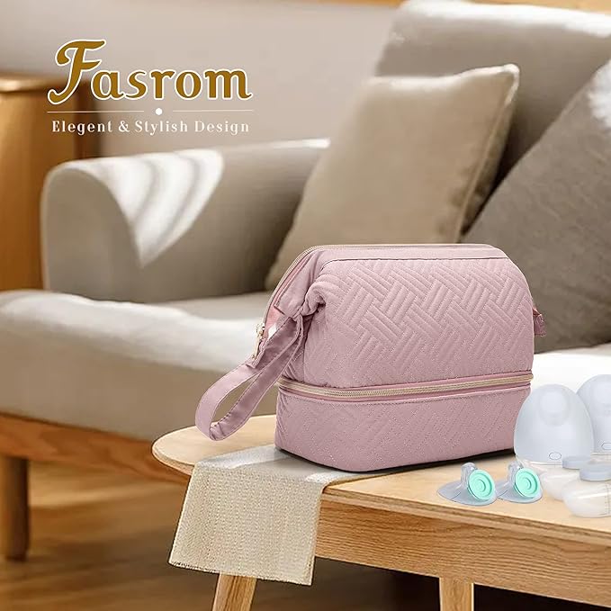 Fasrom Wearable Breast Pump Bag Compatible with Momcozy, Medela and Elvie Pumps, Double Layer Pump Carrying Case with Waterproof Mat and Insulated Pockets for Working Moms, Pink (Bag Only)